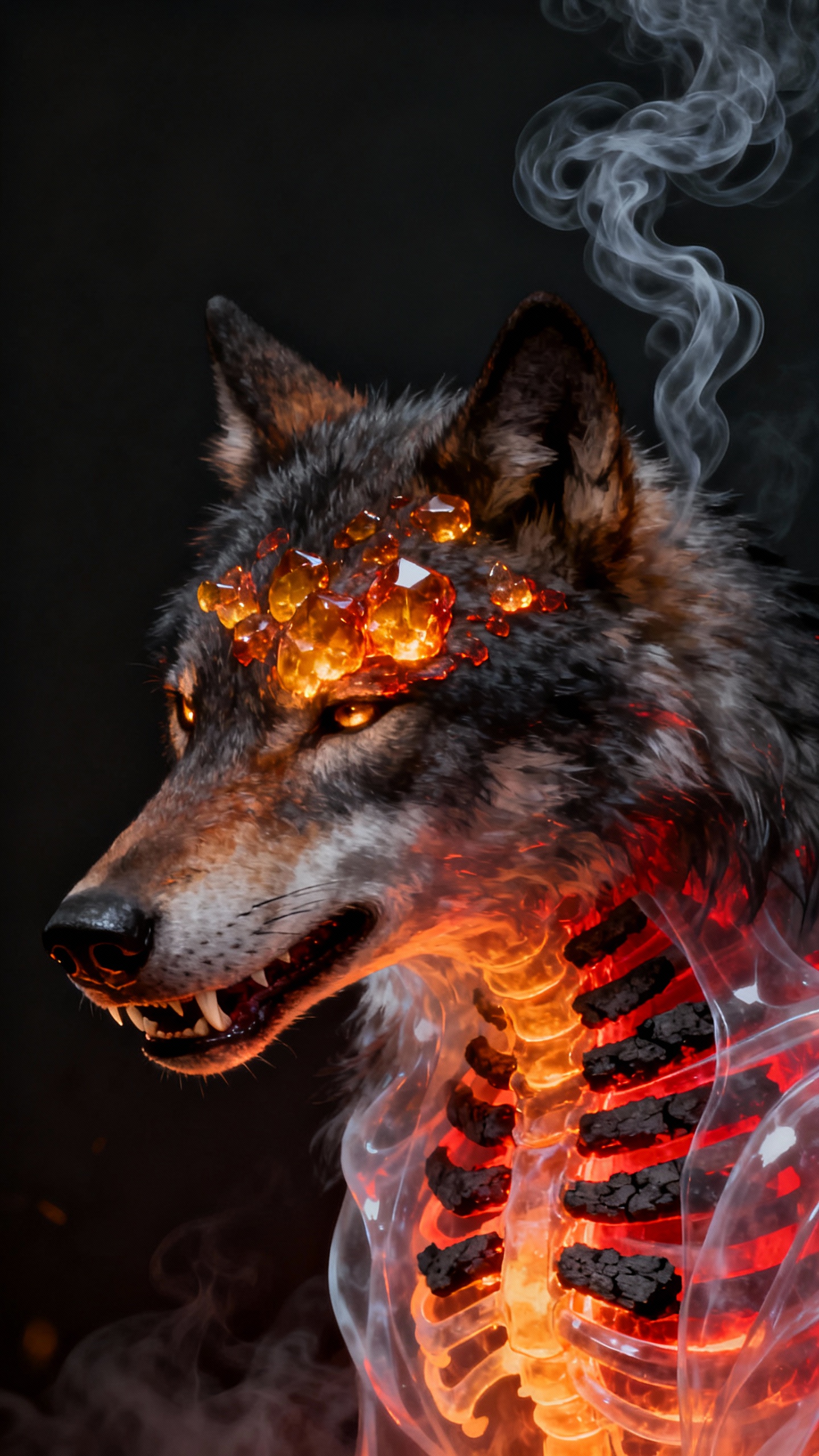 Wolf On Ribs Ember wolf muzzle closeup, glowing charcoal ribs, smoke tail wisps ...